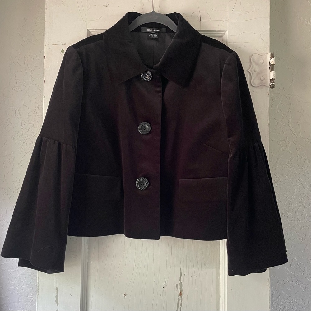 Ellen Tracy Black Velvet Cropped Jacket Bell Puff Sleeve Size 14